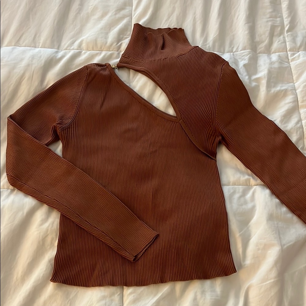 Zara Asymmetric Cut Out Gold Detail Brown Knit Top